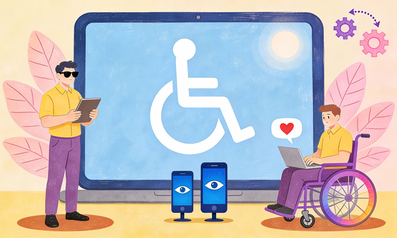 Barrierefreies Webdesign: Personen mit Sehbehinderung und im Rollstuhl nutzen digitale Geräte vor einem Monitor mit Rollstuhl-Symbol