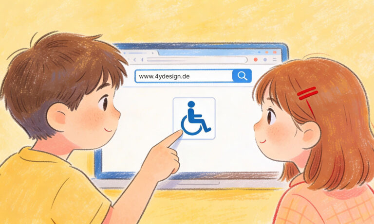 Zwei Kinder betrachten ein Browserfenster mit einem Rollstuhl-Icon als Symbol für barrierefreies Internet