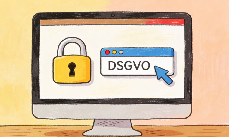 Illustration of a computer monitor with a padlock and a browser window with the lettering GDPR to represent data protection and data security.