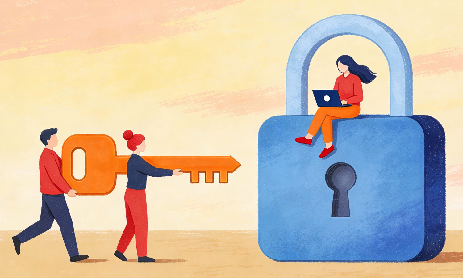 Illustration for customer area login: A monitor displays a user account with a lock symbol and input fields for secure access to exclusive content.