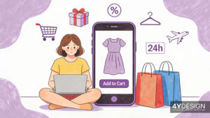 Illustration zum Thema Online-Selbstständigkeit: Eine Person sitzt am Schreibtisch und plant den Start eines digitalen Unternehmens mit Symbolen für Strategie, Finanzen und Web-Präsenz.