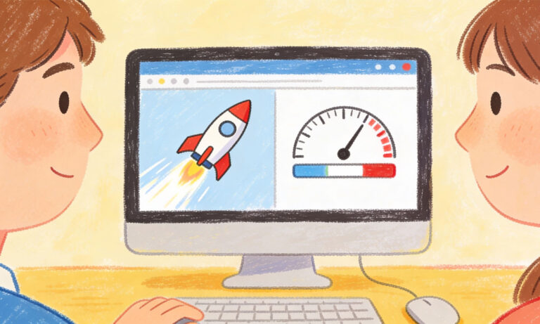 Zwei Personen betrachten am Monitor eine Rakete und eine Geschwindigkeitsanzeige als Symbol für Website-Optimierung