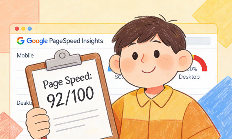 Illustration eines Jungen mit Klemmbrett und einem Google PageSpeed Score von 92 von 100 im Browser