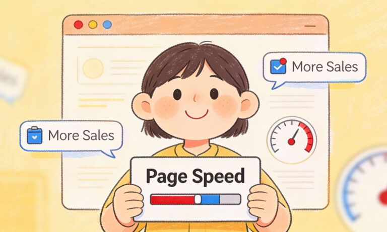 Mädchen hält Schild mit Page Speed Ladebalken, umgeben von Sprechblasen mit der Aufschrift More Sales