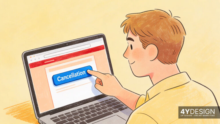 Ein Mann klickt auf einer Website, auf einen Widerrufsbutton