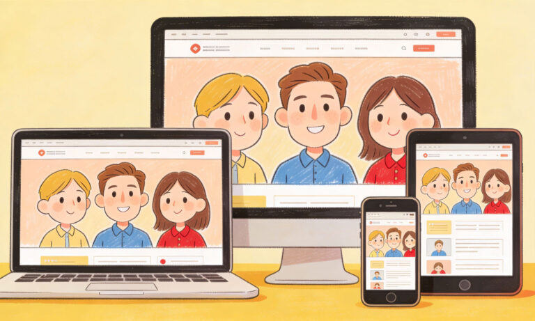 Illustration zum Responsive Webdesign, die eine Website-Ansicht auf verschiedenen Endgeräten wie Desktop-Monitor und Smartphone für eine optimale mobile Darstellung zeigt.