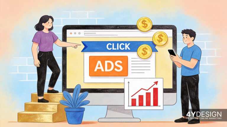 Illustration of the difference between SEO and SEA: A split screen displays organic search results (SEO) on one side and paid advertisements (SEA) on the other, focusing on search engine marketing.