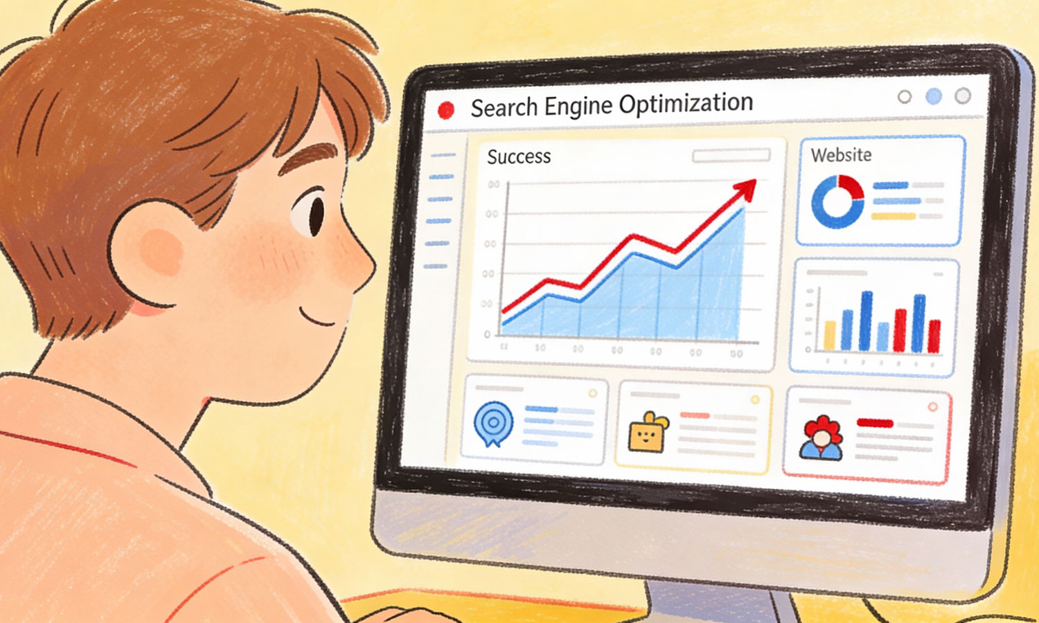 SEO illustration for search engine analysis, showing a browser window with a magnifying glass and graphic elements for website testing and data collection.