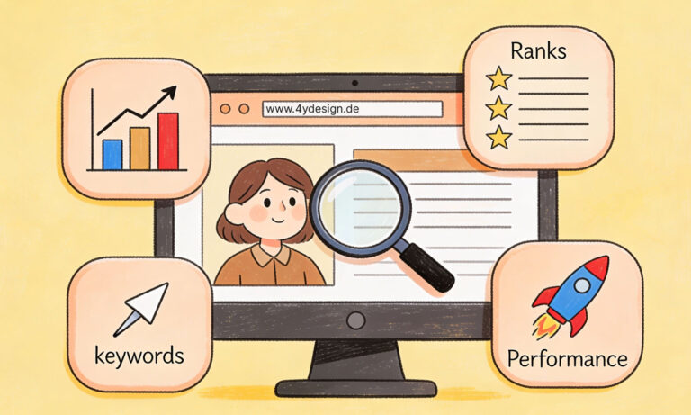 SEO-Illustration zur strategischen Suchmaschinenoptimierung, die ein Zielscheiben-Symbol und grafische Elemente für die Erreichung von Ranking-Zielen und Top-Positionen zeigt.