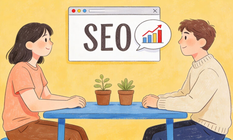 SEO-Illustration zur Suchmaschinenoptimierung, die ein Balkendiagramm und Symbole für Ranking-Wachstum und Sichtbarkeit im Internet