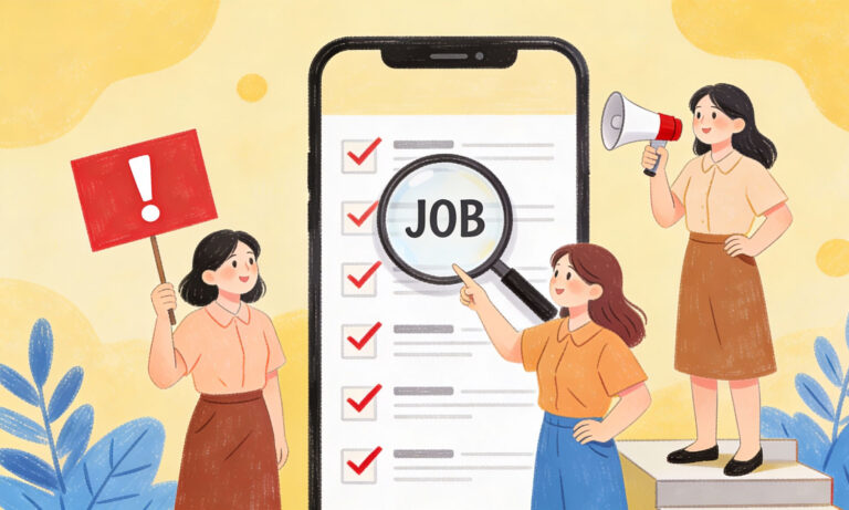 Illustration zum Thema Jobs im Webdesign: Ein Monitor zeigt verschiedene Bewerber-Profile und eine Lupe, was die Suche nach neuen Talenten im UX-Design-Bereich symbolisiert.