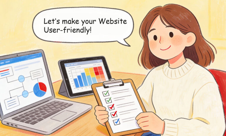 UX-Audit Analyse zur Verbesserung der Benutzerfreundlichkeit einer Website, dargestellt auf einem Tablet im Arbeitsumfeld.