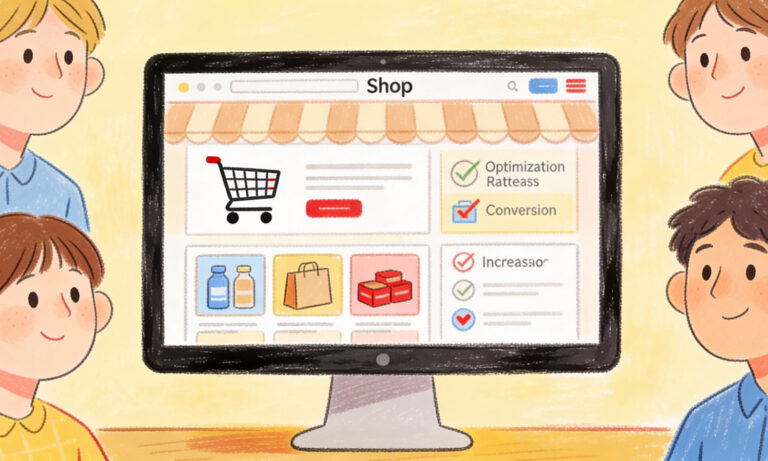 UX design illustration for e-commerce with symbols for product presentation and mobile shopping, represented by graphic website elements