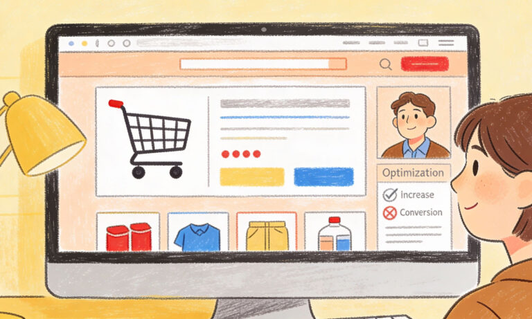 UX design illustration for online shops, showing a browser window with a shopping cart icon and elements for a user-friendly e-commerce experience.