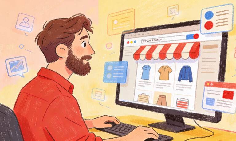 Illustration of UX design in e-commerce. A designer is working on a modern online shop.