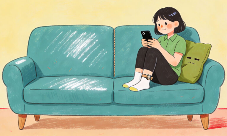 Illustration einer Frau auf einem Sofa bei der mobilen Internetnutzung am Smartphone – Beispiel für Responsive Design.