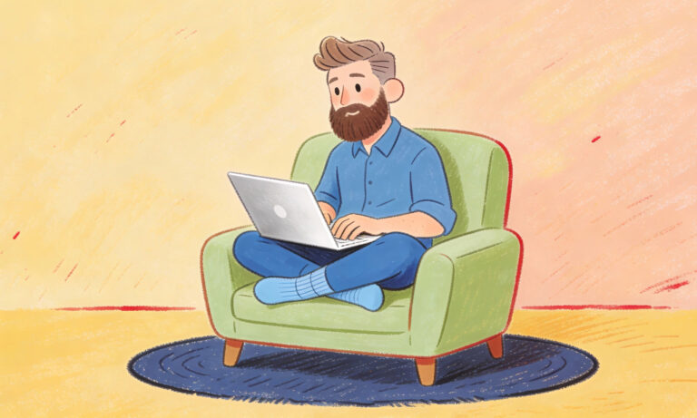 Illustration eines Mannes bei der Laptop-Nutzung im Sessel – Symbol für komfortable und intuitive User Experience.