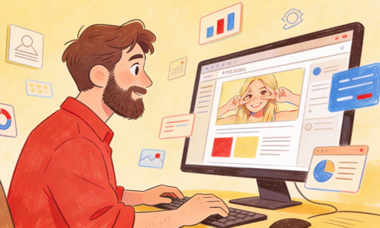 Website illustration for a user-centered website design, represented by a browser window with layout structures and symbols for the user experience.