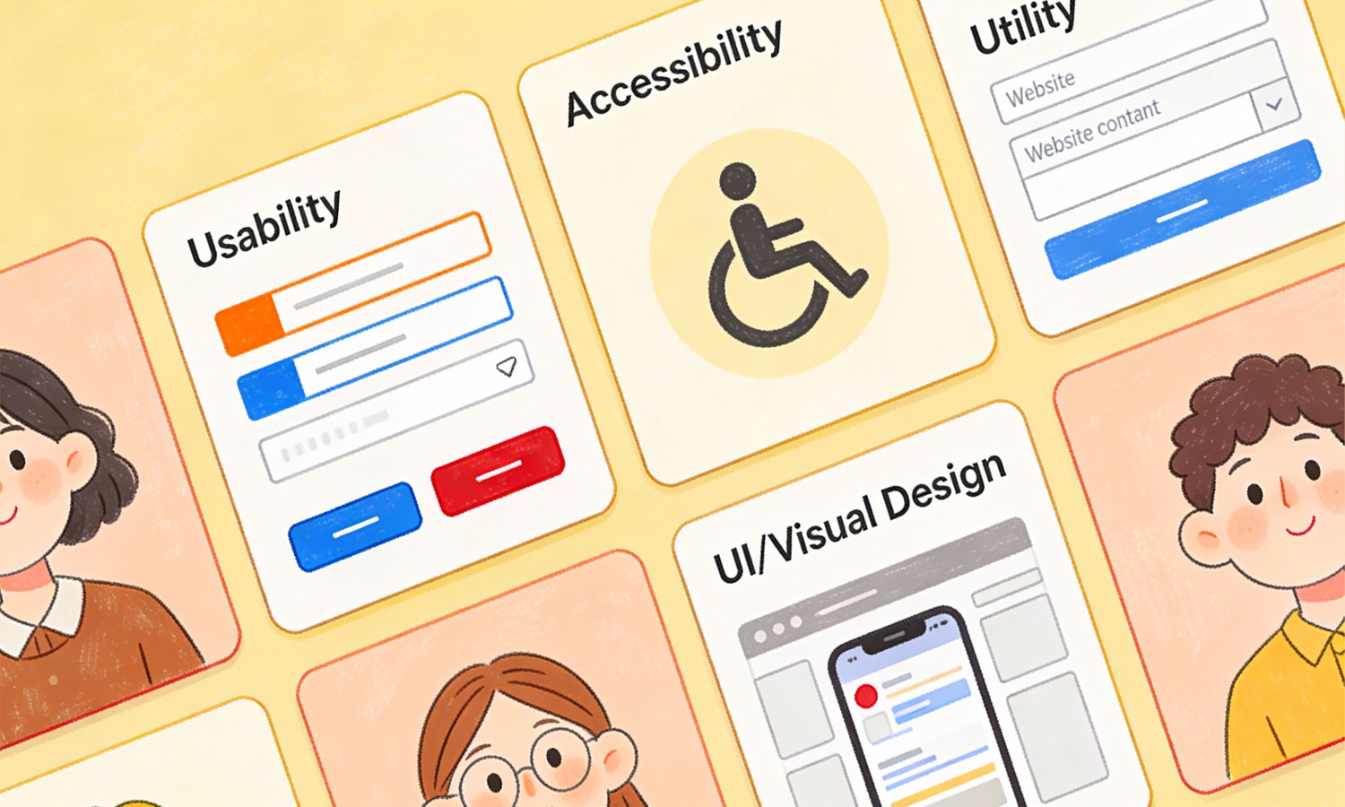 UX-Design-Illustration zur Informationsarchitektur, die ein Browserfenster mit strukturierten Inhaltsblöcken und Symbolen für die Planung einer intuitiven User Experience zeigt.