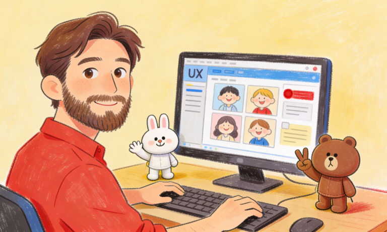 UX designer creates user-centered interface design on the desktop monitor.