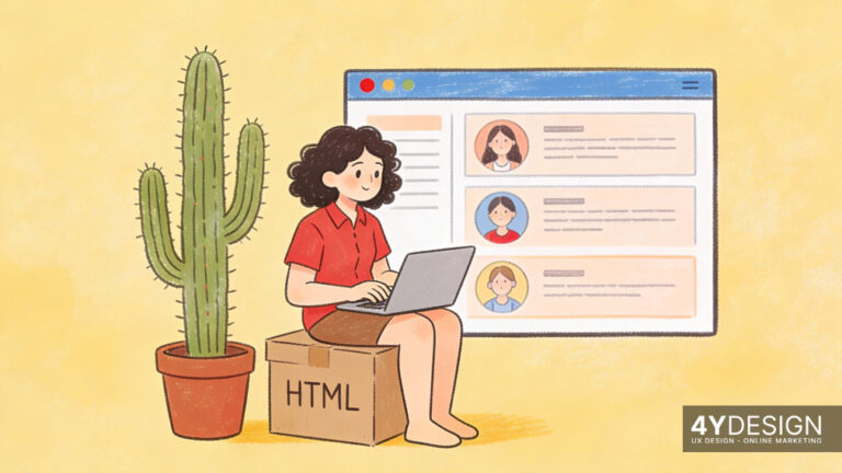 Illustration to define a UX Designer: A designer at the computer connects visual elements with user needs, represented by floating interface icons and gears.