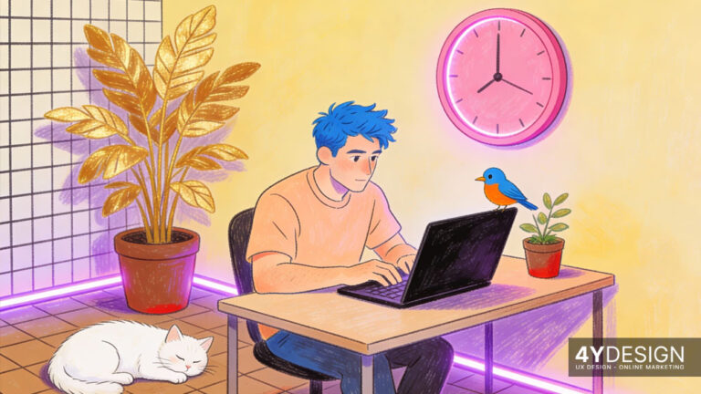 Illustration zum Thema Dark Mode im Webdesign: Ein Monitor zeigt ein elegantes, dunkles Website-Layout mit kontrastreichen Elementen zur besseren Lesbarkeit bei wenig Licht