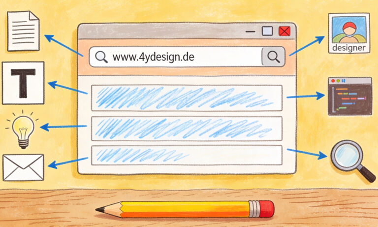 Webdesign-Illustration für professionelle Website-Erstellung, die ein Browserfenster und grafische Elemente für den Aufbau einer modernen Internetpräsenz zeigt.