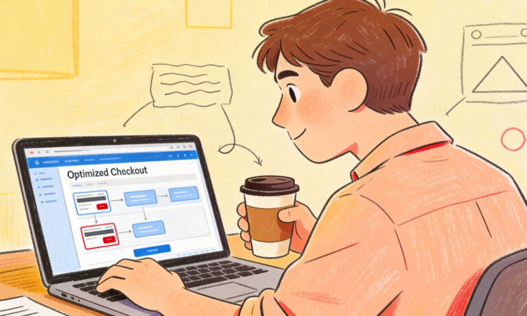 Handgezeichnete Illustration eines Webentwicklers am Laptop, der einen „Optimized Checkout“-Prozess entwirft. Neben ihm steht ein Kaffeebecher, im Hintergrund sind UI-Skizzen angedeutet.