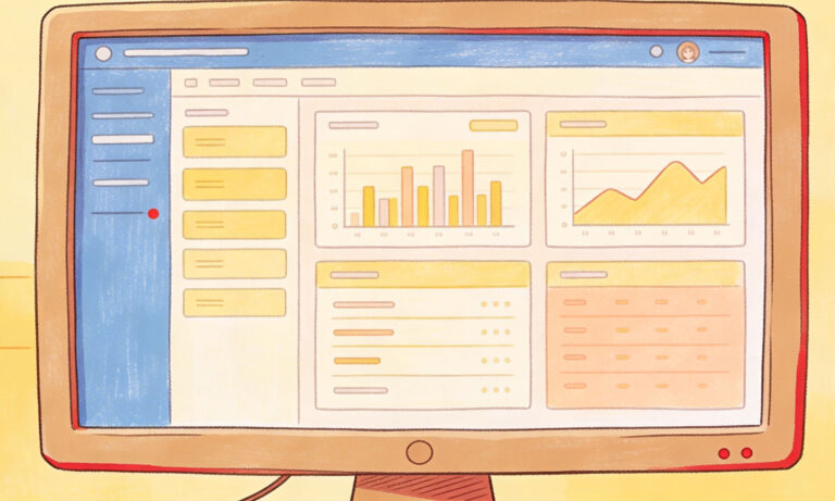 Illustration eines modernen Web-Dashboards auf einem Monitor. Zu sehen sind verschiedene Datenvisualisierungen wie Balkendiagramme, eine Wellengrafik und tabellarische Ansichten in einem hellen, strukturierten User Interface.