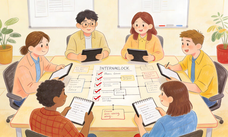 Eine diverse Gruppe von sechs Personen sitzt bei einem Meeting um einen Tisch. Sie arbeiten an einem Ablaufplan mit dem Titel „INTERNAKLOCK“ und nutzen Tablets sowie Notizblöcke für die Planung eines Web-Projekts.