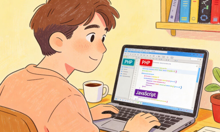 Illustration eines Programmierers bei der Arbeit am Laptop. Auf dem Bildschirm ist Code mit Badges für PHP und JavaScript zu sehen. Die Szene wirkt gemütlich mit einem Kaffee und einem Bücherregal im Hintergrund.