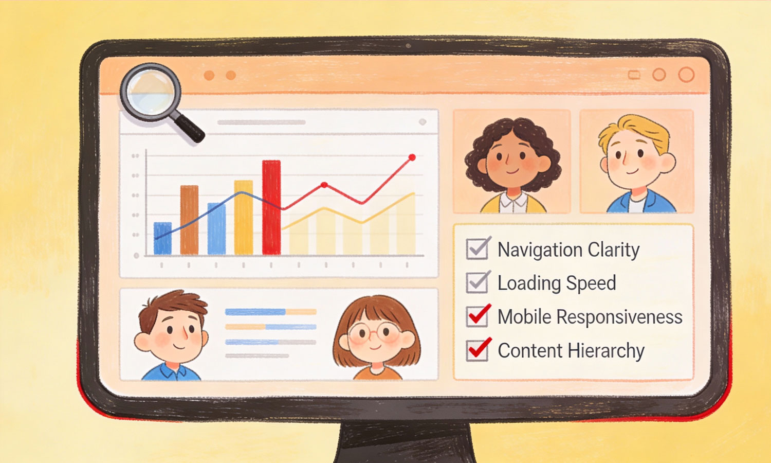 Illustration for a website audit to analyze the user experience, represented by a browser window with a profile icon and graphic elements for checking the user journey.