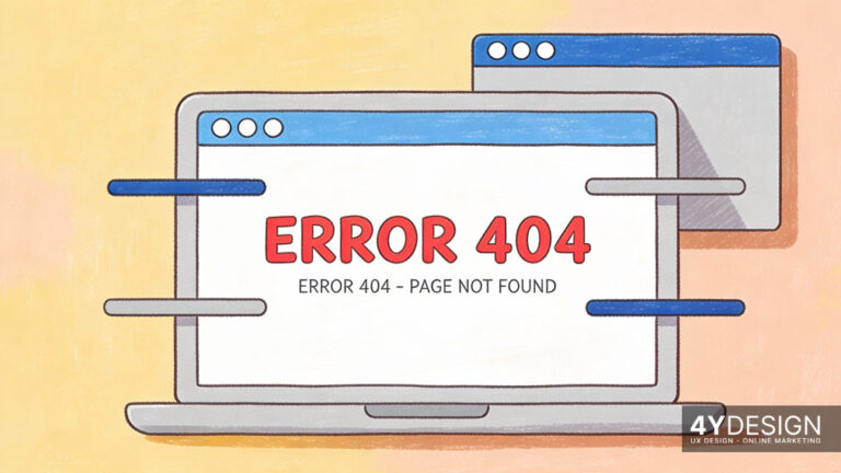 Illustration of website errors: A monitor displays a warning symbol and technical error messages (HTTP status codes) as part of technical SEO optimization.