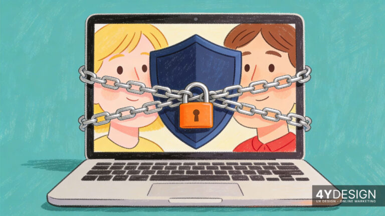 Illustration zum Thema Website-Sicherheit: Ein Monitor wird durch eine digitale Firewall und ein Schutzschild vor äußeren Bedrohungen geschützt, um die Datensicherheit zu gewährleisten.