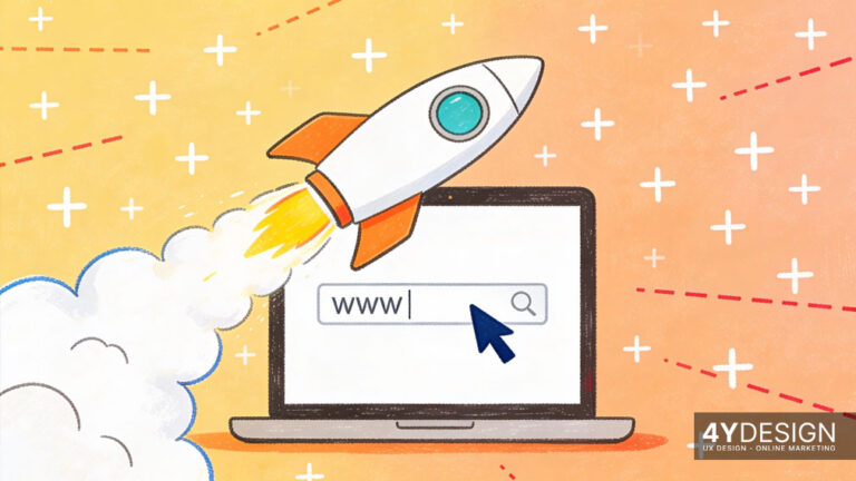 Illustration on the topic of slow website: A monitor shows a loading symbol (hourglass or loading circle) and a snail, which illustrates the negative effects of long loading times.