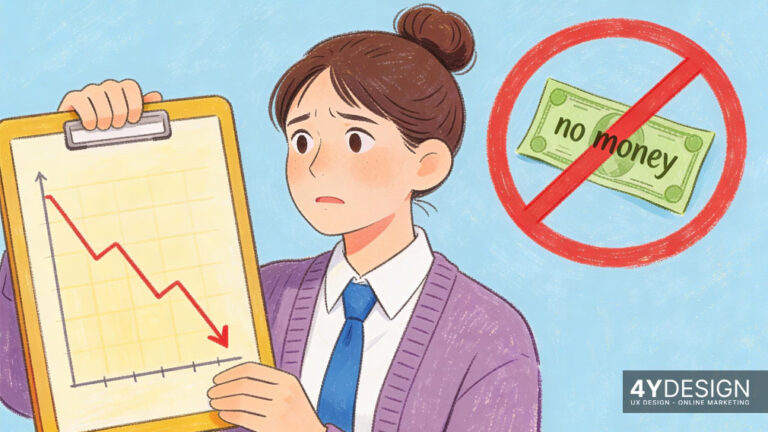 Illustration on the topic of poorly optimized website: A monitor shows a messy layout with warning symbols and error messages, highlighting the relevance of professional web design.