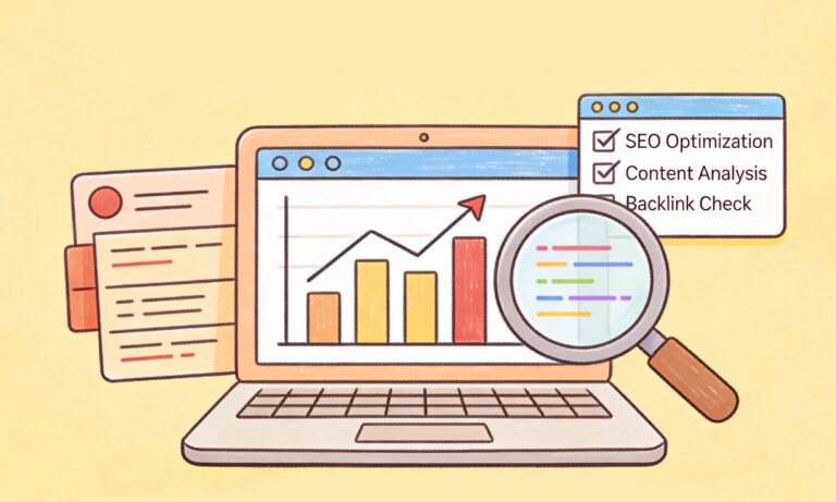Visualization of a professional SEO audit to improve website performance on a laptop.